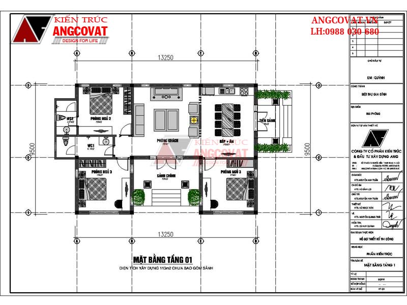 Thiết kế bản vẽ nhà 3 phòng ngủ 1 phòng thờ 1 tầng đẹp hình chữ U