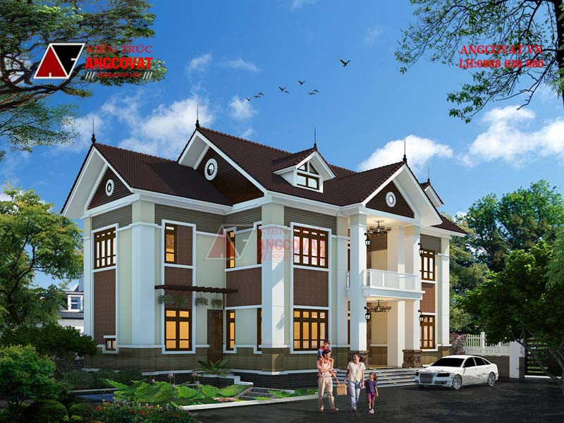 Hình ảnh phối cảnh thiết kế nhà biệt thự 2 tầng mái thái kiến trúc tân cổ sang trọng