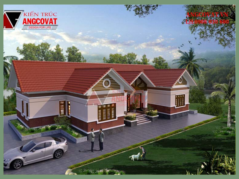 Bản vẽ nhà biệt thự vườn 200m2 hình chữ u 1 tầng