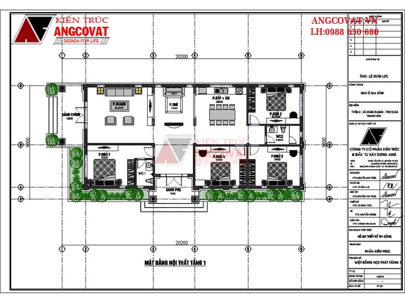 Bản vẽ nhà cấp 4 mái thái 4phòng ngủ diện tích 160m2 - Mặt bằng tầng 1