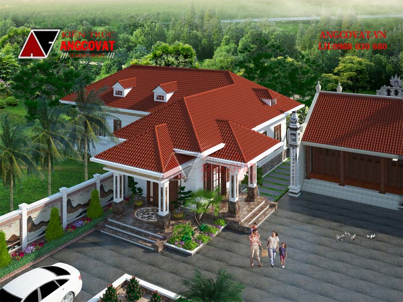 Bản vẽ nhà cấp 4 mái thái hình chữ L 3 phòng ngủ