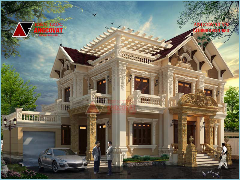 hình ành bản vẽ nhà vuông 2 tầng 3 phòng ngủ cổ điển