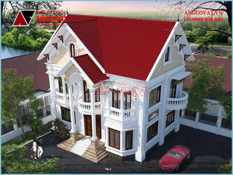 bản vẽ nhà vuông 2 tầng 3 phòng ngủ với phong cách tân cổ điển