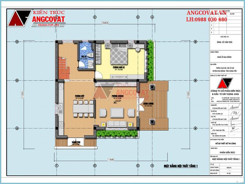 bản vẽ nhà vuông 2 tầng 3 phòng ngủ 100m2 tầng 1