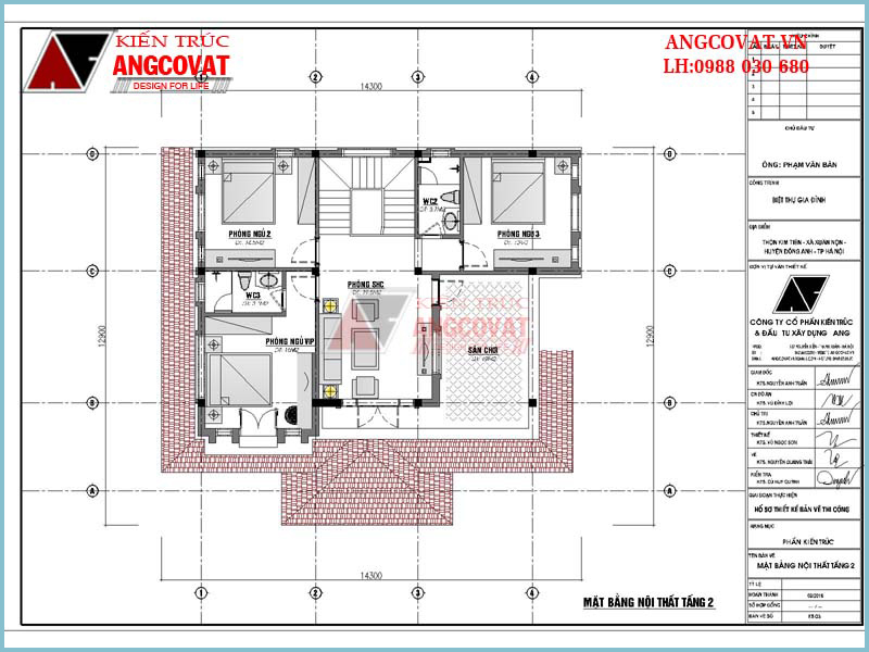 mặt bằng tầng 2 bản vẽ nhà vuông 2 tầng 3 phòng ngủ 13x13m