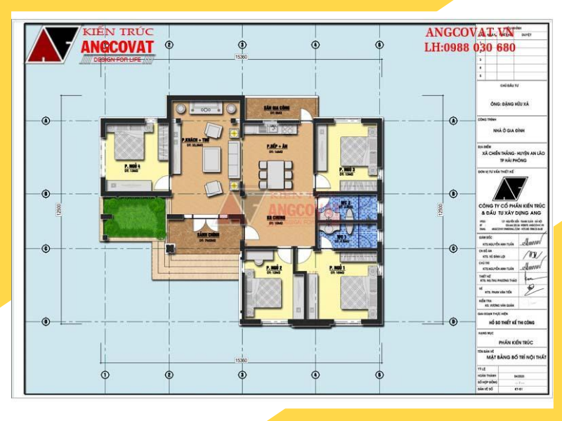 Bản vẽ nội thất nhà 1 tầng mái thái 150m2 chữ L 