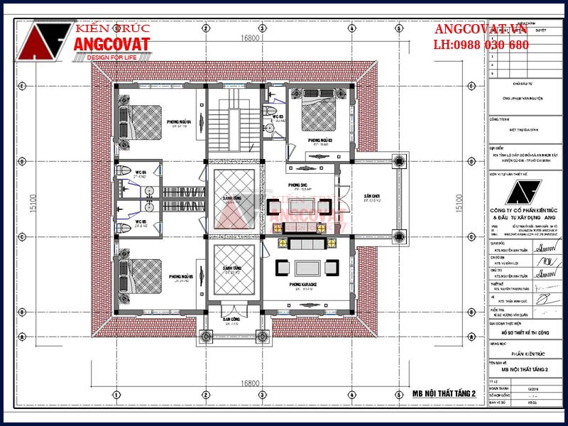 Bản vẽ nội thất tầng 2 xây nhà 2 tầng diện tích 170m2 5 phòng ngủ đẹp