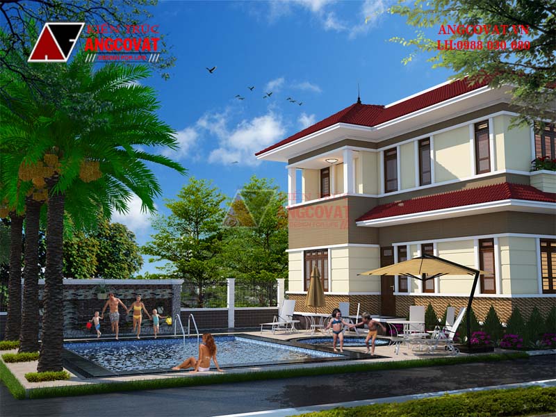 Khu bể bơi nghỉ dưỡng hoàn hảo của bản vẽ 3d biệt thự 2 tầng mái thá
