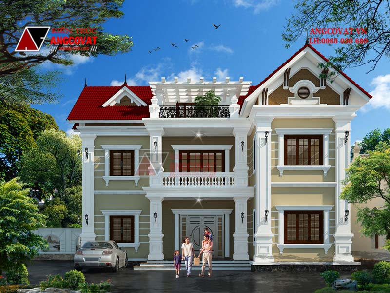 Mẫu 12: Thiết kế biệt thự 2 tầng 1 mặt tiền phong cách bán cổ điển sang trọng, bề thế