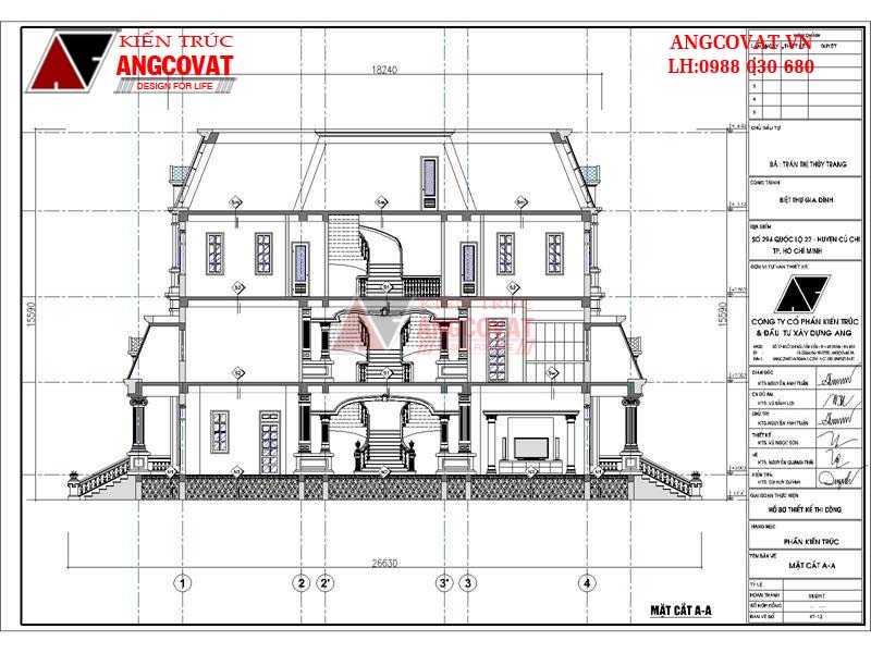 Mặt cắt A-A biệt thự 3 tầng tân cổ điển