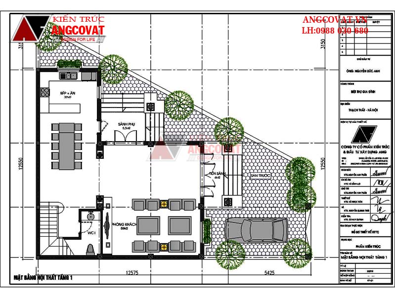 Mặt bằng nội thất tầng 1 quý phái từ mẫu biệt thự Pháp 10x15 3 tầng 4 phòng ngủ