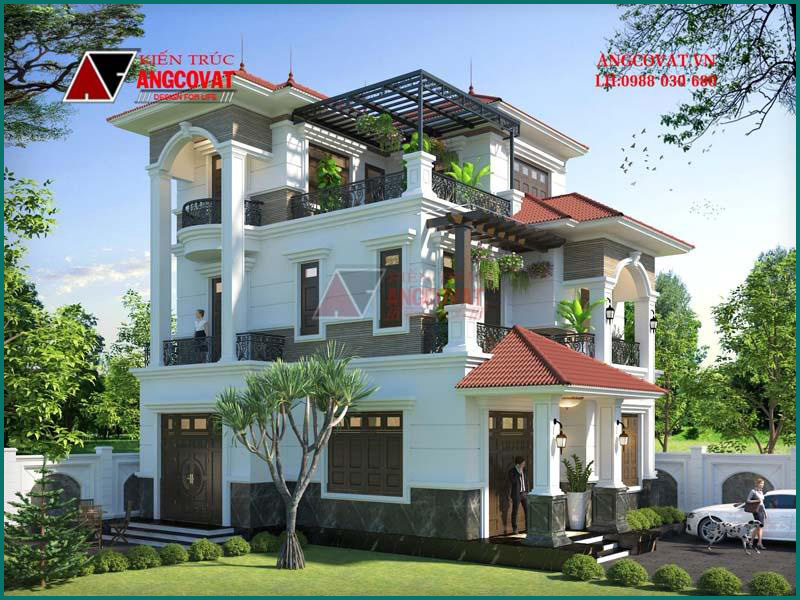 các mẫu kiến trúc nhà 3 tầng đẹp mái thái mặt tiền 11m