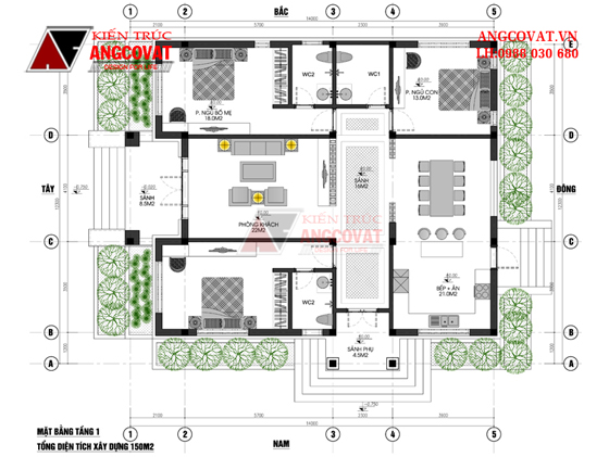 Chi phí xây nhà cấp 4 diện tích 150m2 3 phòng ngủ mặt tiền 11m - Mặt bằng tổng