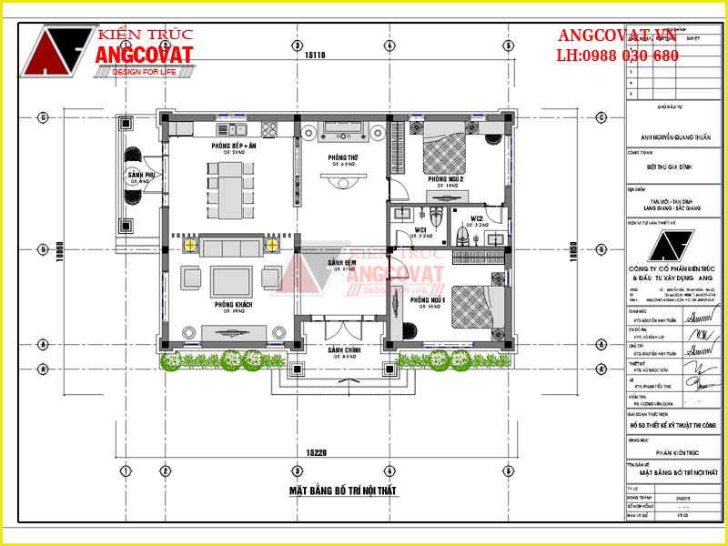 Công năng bản vẽ thiết kế nhà 15x10m 2 phòng ngủ mái thái diện tích 130m2