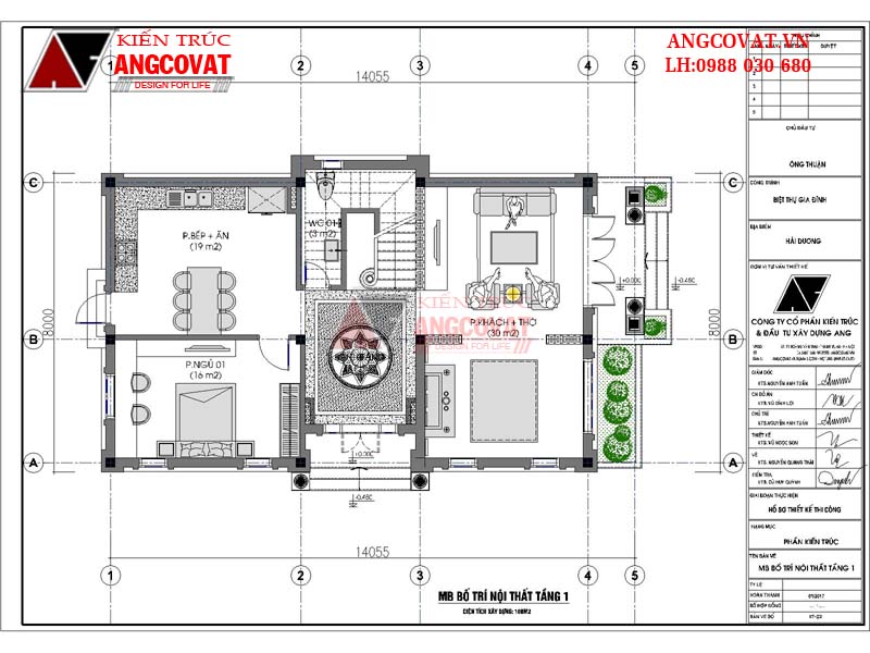 Sơ đồ tầng 1 của mặt bằng nhà 8x15m 3 phòng ngủ