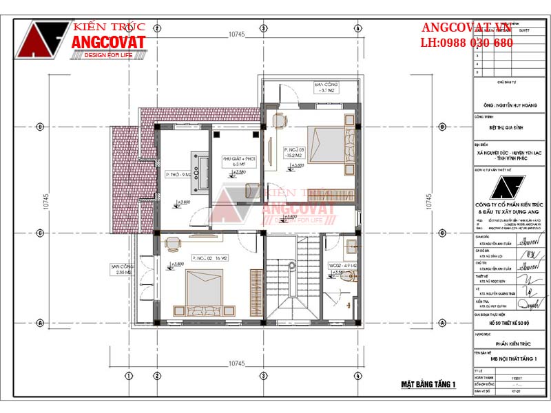 Mặt bằng công năng tầng 2 của mẫu thiết kế biệt thự mini 2 tầng mái thái