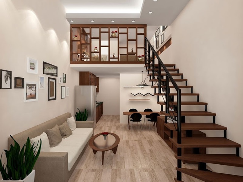 Với mẫu gác lửng này bạn hoàn toàn có thể đón tiếp khách tại không gian trên đó. Khung gỗ chắn biến tấu thành kệ trưng bày đồ trang trí của gia đình.