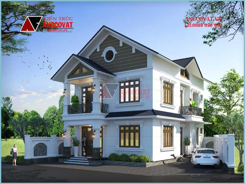 hình khối bản vẽ nhà vuông 2 tầng 3 phòng ngủ mái thái đẹp