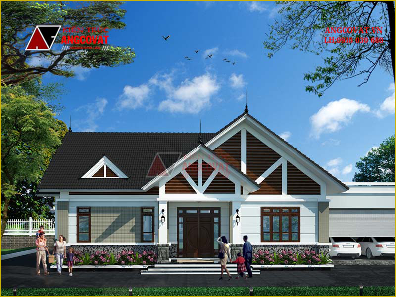 Hình ảnh bản vẽ thiết kế nhà 1 tầng diện tích 130m2 2 phòng ngủ mái thái