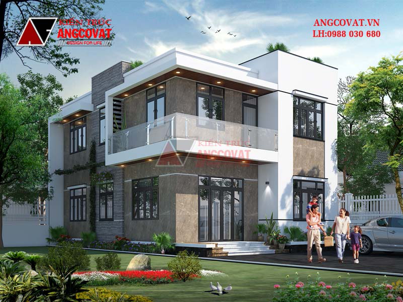 Mẫu 4: Nhà biệt thự 2 tầng hiện đại mái bằng ở nông thôn diện tích 100m2 hiện đại