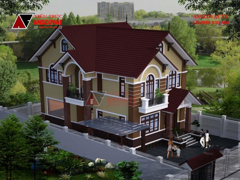 Hình ảnh nhà 2 tầng mái thái đẹp màu đỏ truyền thống