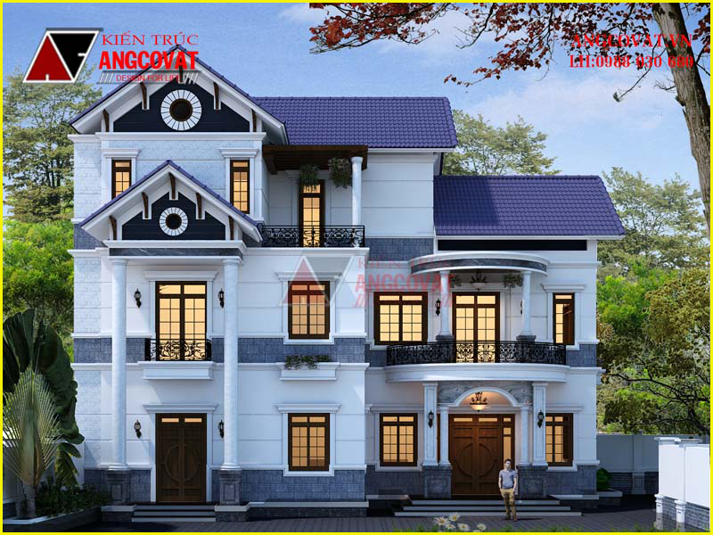 Hình ảnh phối cảnh mặt tiền mẫu biệt thự 2 tầng giả 3 tầng 120m2