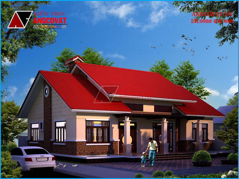 Hình ảnh thiết kế 3D mẫu nhà cấp 4 180m2 mái dốc