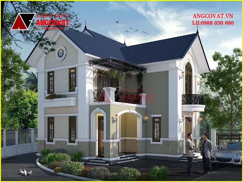 Kiến trúc nhà 2 tầng mái thái hình chữ L đơn giản