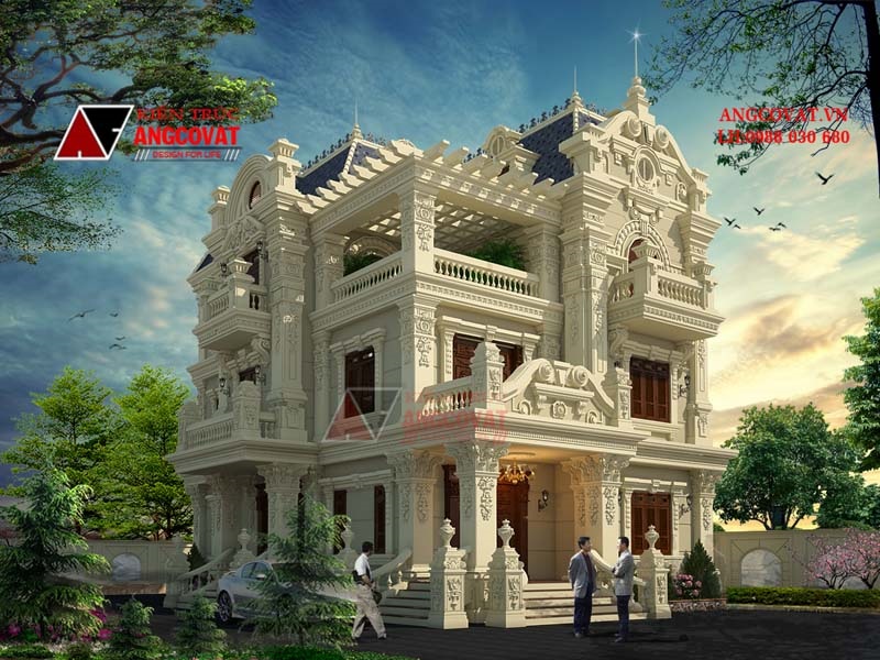Phối cảnh ngoại thất của mẫu kiến trúc nhà đẹp 3 tầng kiểu Pháp
