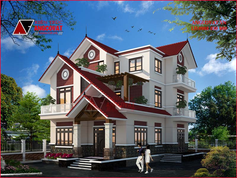 kiến trúc nhà lầu đơn giản mái ngói