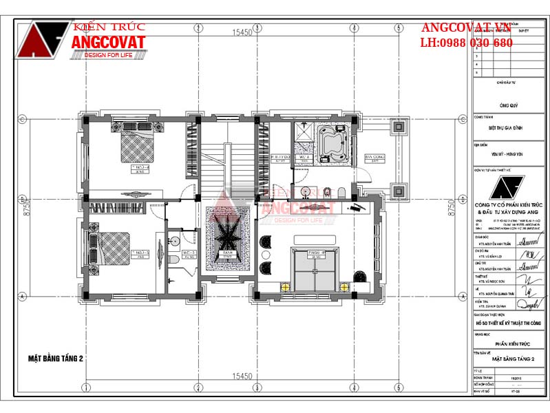 Mặt bằng tầng 2 - Mẫu thiết kế biệt thự 3 tầng cổ điển mặt tiền 9m chiều sâu 15m