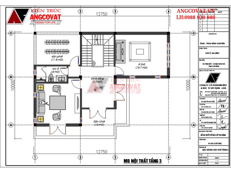 Mặt bằng nội thất tầng 3 của mẫu biệt thự 9x13 mặt tiền 9m