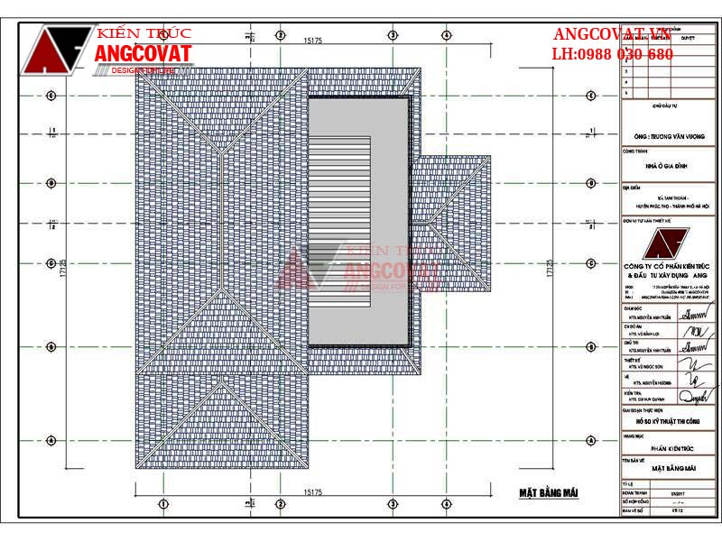 Mặt bằng mái ngói đẹp cho mẫu biệt thự 150m2 mặt tiền 15m