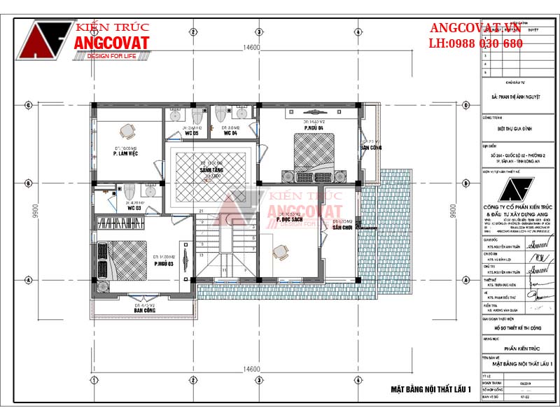 Mặt bằng nội thất tầng trệt: Mẫu thiết kế nhà đẹp 9x15m 2 tầng ở Long An