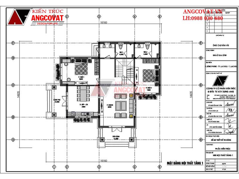 Bố trí nội thất công năng của tầng 1 gồm: 1 sảnh chính 13.5m2, 1 sảnh phụ 13.5m2,1 phòng khách 30m2, 1 bếp ăn 20m2,phòng ngủ 1 20m2,phòng ngủ 2 16m2,vệ sinh 1 9.3m2,vệ sinh 2 6.6m2.