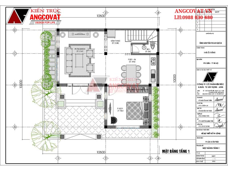 Bố trí mặt bằng tầng 1 của bản thiết kế nhà 2 tầng 1 tum đẹp chữ L