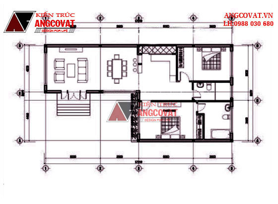 Mặt bằng công năng hoàn chỉnh thiết kế nhà ống có 2 phòng ngủ