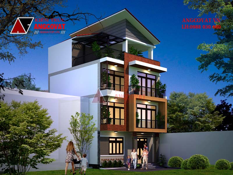Phối cảnh cho mặt bằng nhà 3 tầng có gác lửng diện tích 70m2