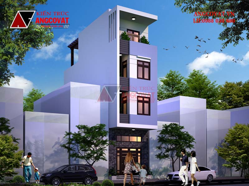 Phối cảnh 3D cho mặt bằng nhà 3 tầng có gác lửng kích thước 4x13m đẹp và hiện đại