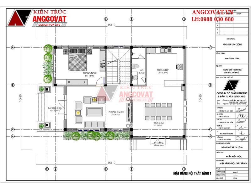 Mặt bằng tầng 1 mẫu biệt thự đẹp 2 tầng 10x15