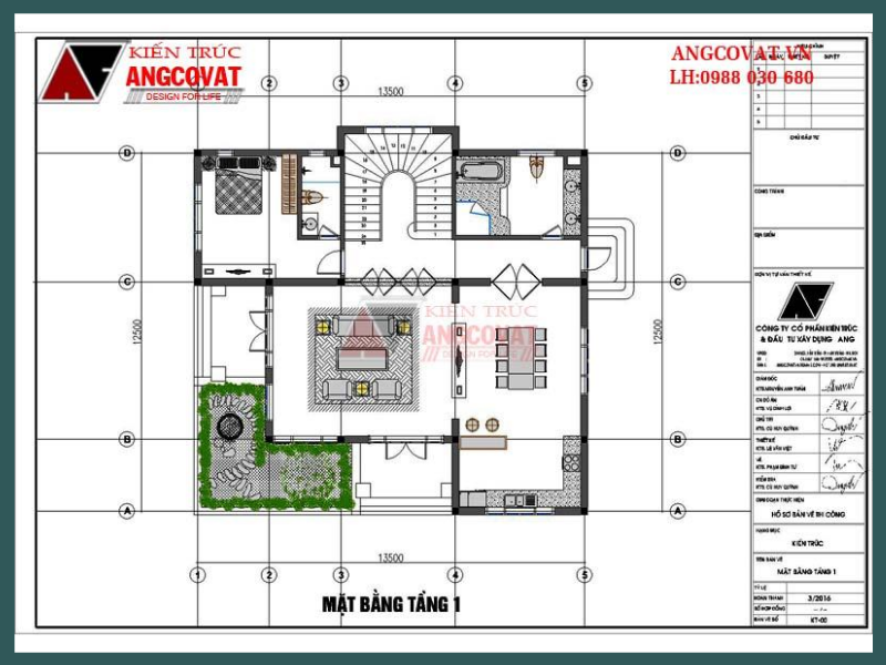 Mặt bằng nội thất tầng 1 nhà biệt thự 2 tầng 150m2 mái thái