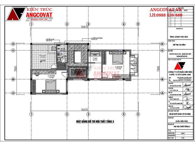 mặt bằng nội thất tầng 3 mẫu nhà phố 3 tầng 8x15m