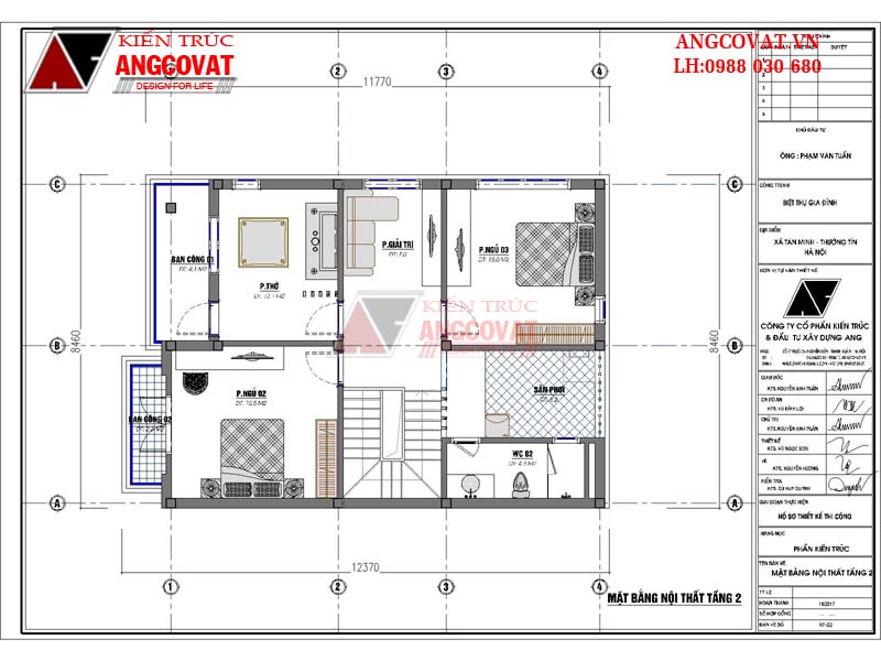 Mặt bằng nội thất tầng 2 mẫu thiết kế nhà phố 9x12m 2 tầng 3 phòng ngủ