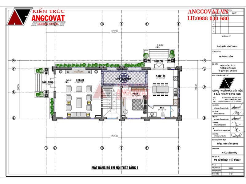 Mặt bằng nội thất tầng 1 của bản vẽ nhà 8x18