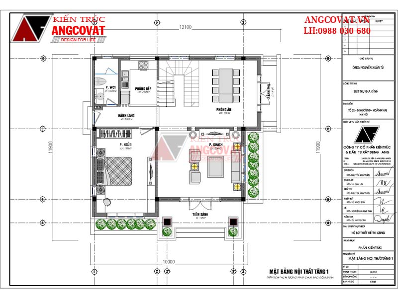 Mặt bằng công năng tầng 1 của bản vẽ thiết kế nhà 1 trệt 1 lầu mái ngói