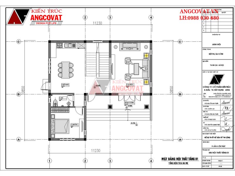 Dây truyền công năng tầng 1 trong bản vẽ thiết kế nhà 2 tầng 1 tum 90m2