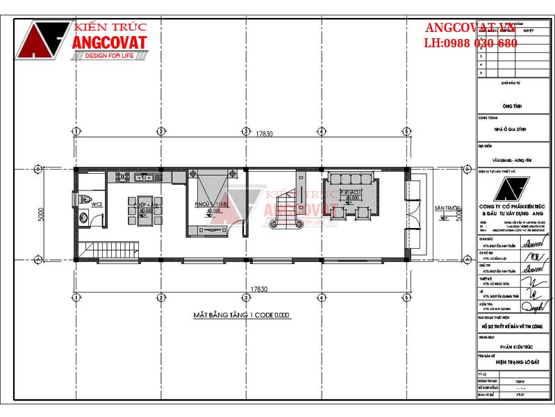 Mặt bằng nhà 3 tầng có gác lửng code 1