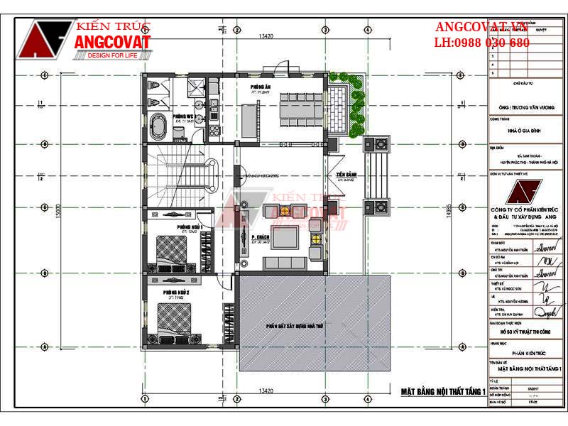 Mặt bằng công năng tầng 1 của mẫu biệt thự 150m2 3 tầng phong cách Châu Âu