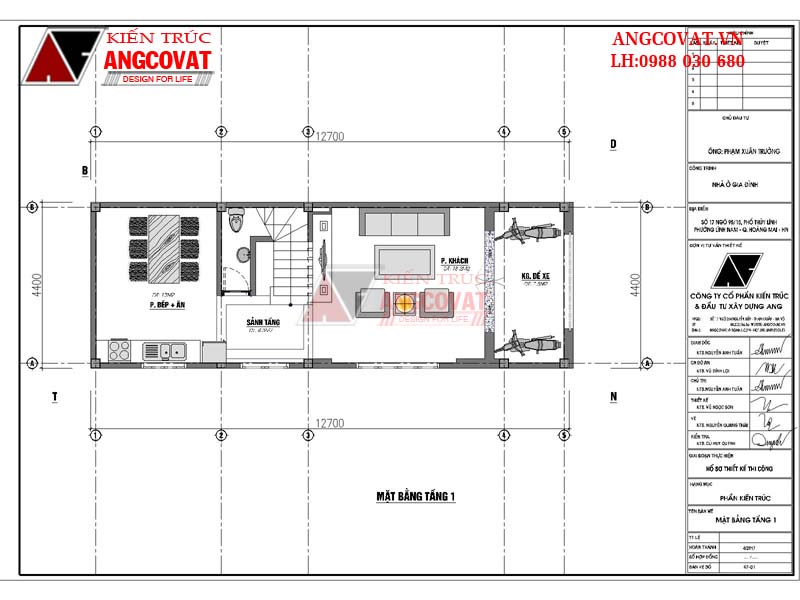 Mặt bằng công năng sử dụng tầng 1: Không gian để xe 7.5m2, Phòng khách 18.2m2, Sảnh tầng 4.3m2, Phòng bếp ăn 13m2.