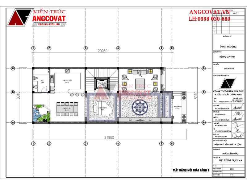 Mặt bằng tầng 1: Thiết kế xây biệt thự Pháp trên đất 8x20 đẹp ngất ngây